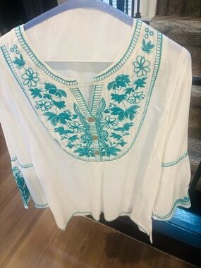 John•Mark White Peasant Blouse with Teal Floral Embroidery